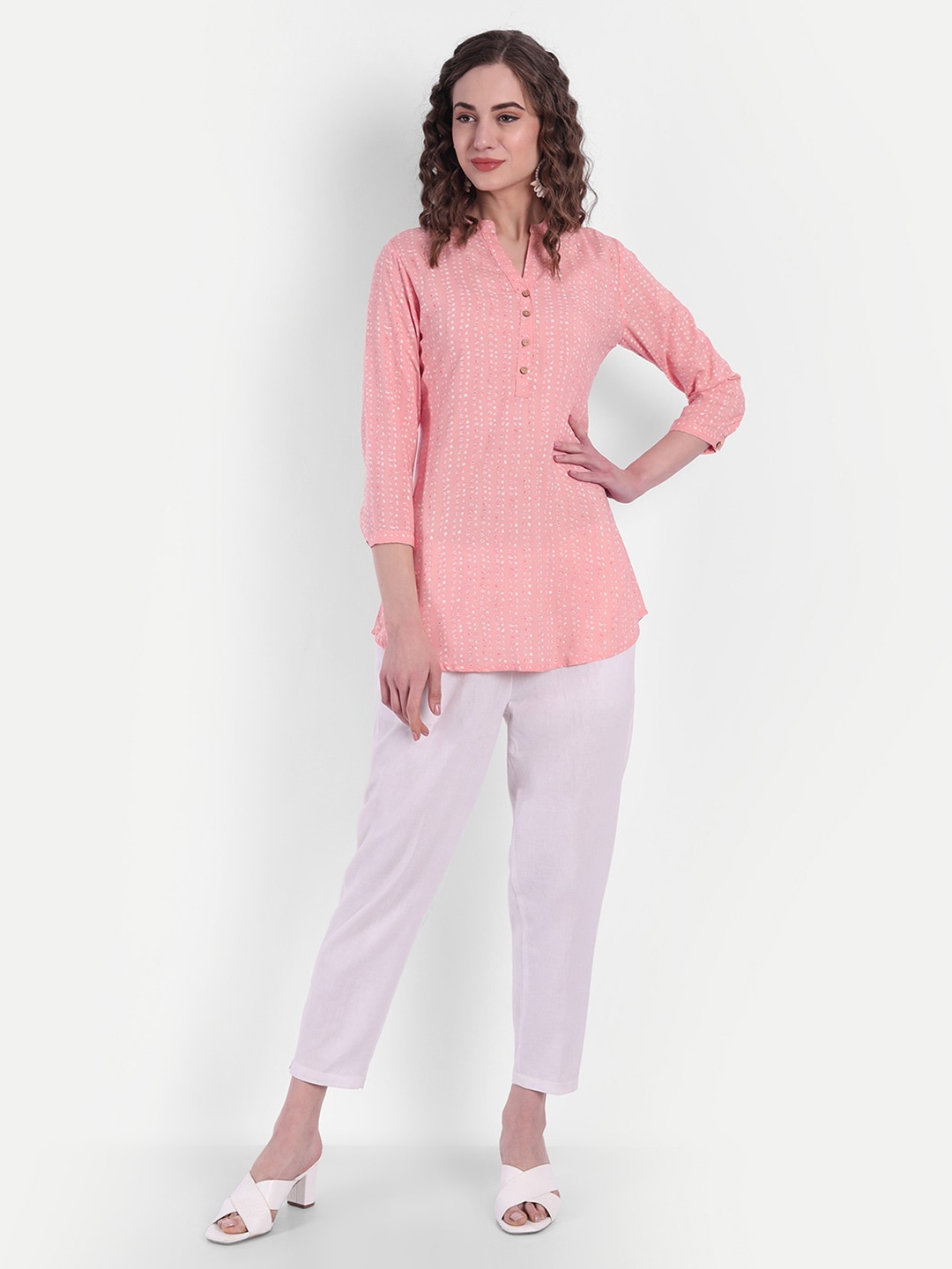 

fabGLOBAL Peach-Coloured Woven Design Kurti