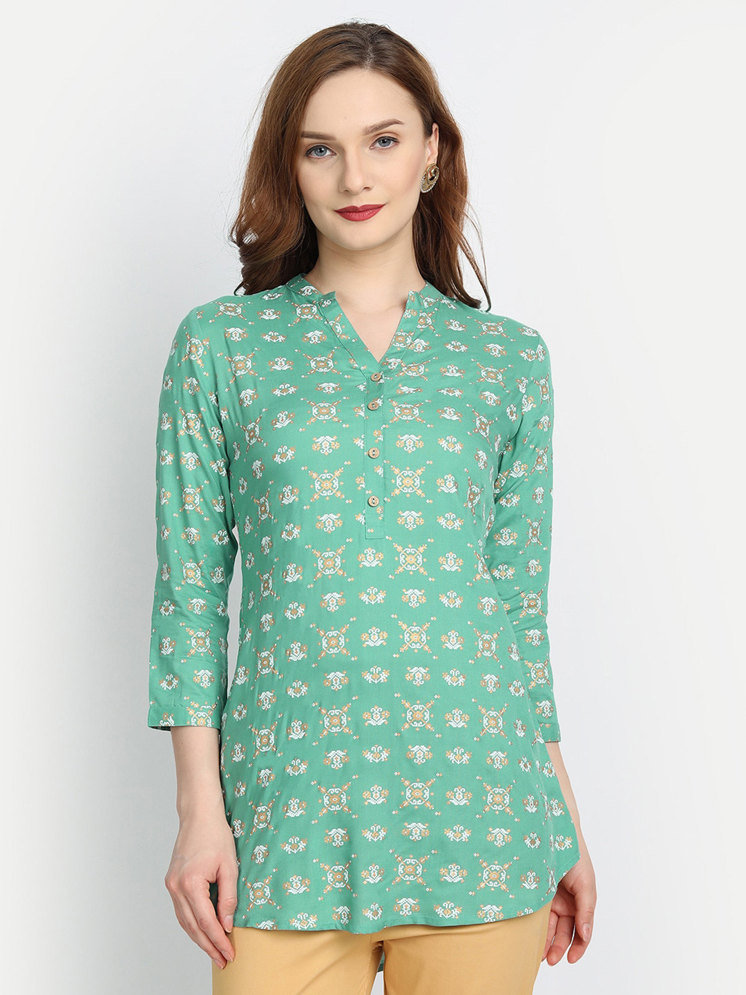 

fabGLOBAL Printed Mandarin Collar Top, Green