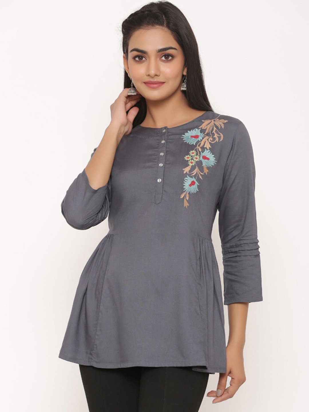 

fabGLOBAL Floral Embroidered Longline Cotton Top, Grey