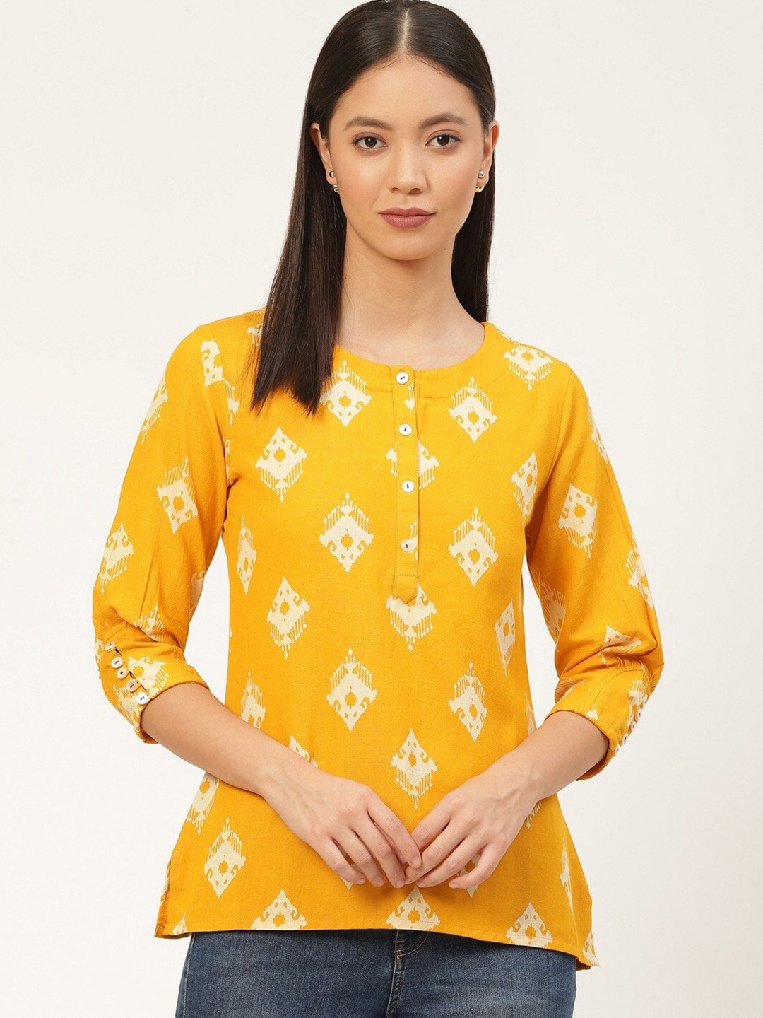 

fabGLOBAL Ethnic Printed Fusion Top, Mustard