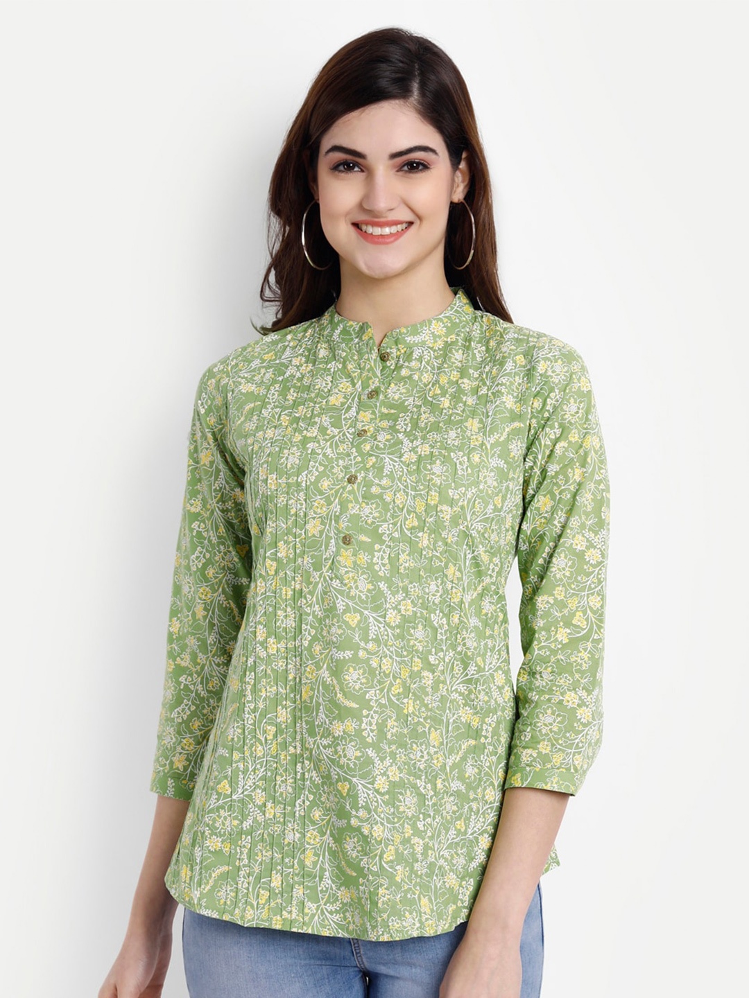 

fabGLOBAL Floral Printed Mandarin Collar Pintucks Top, Green