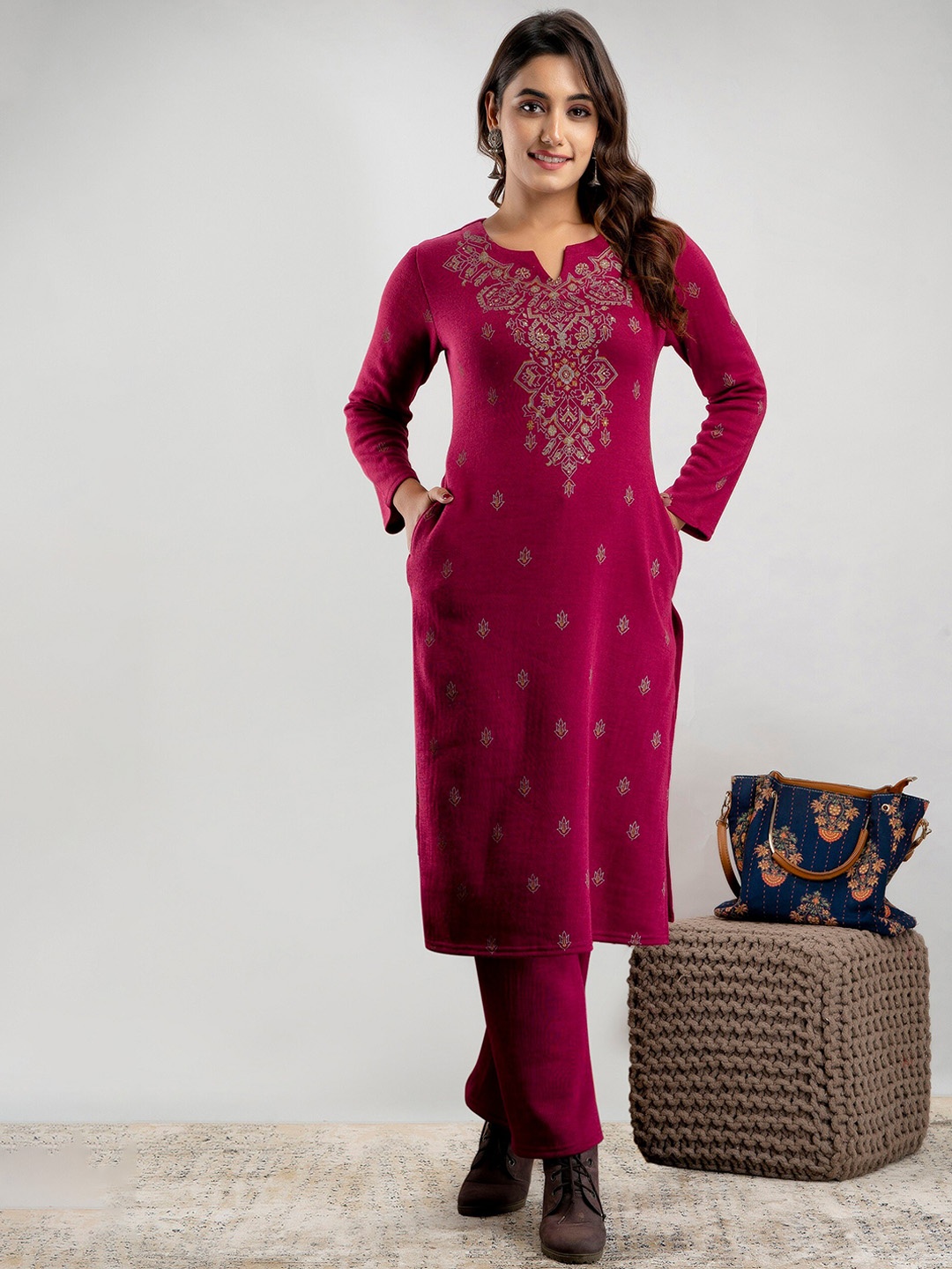 

SUTI Ethnic Motifs Printed Round Neck Kurta with Trousers, Magenta