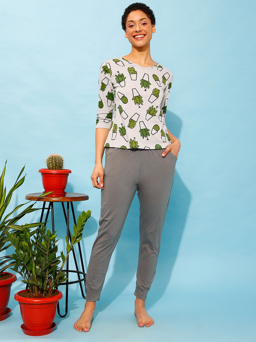 

Clovia Women Pure Cotton Cactus Print Top & Chic Basic Joggers, Grey