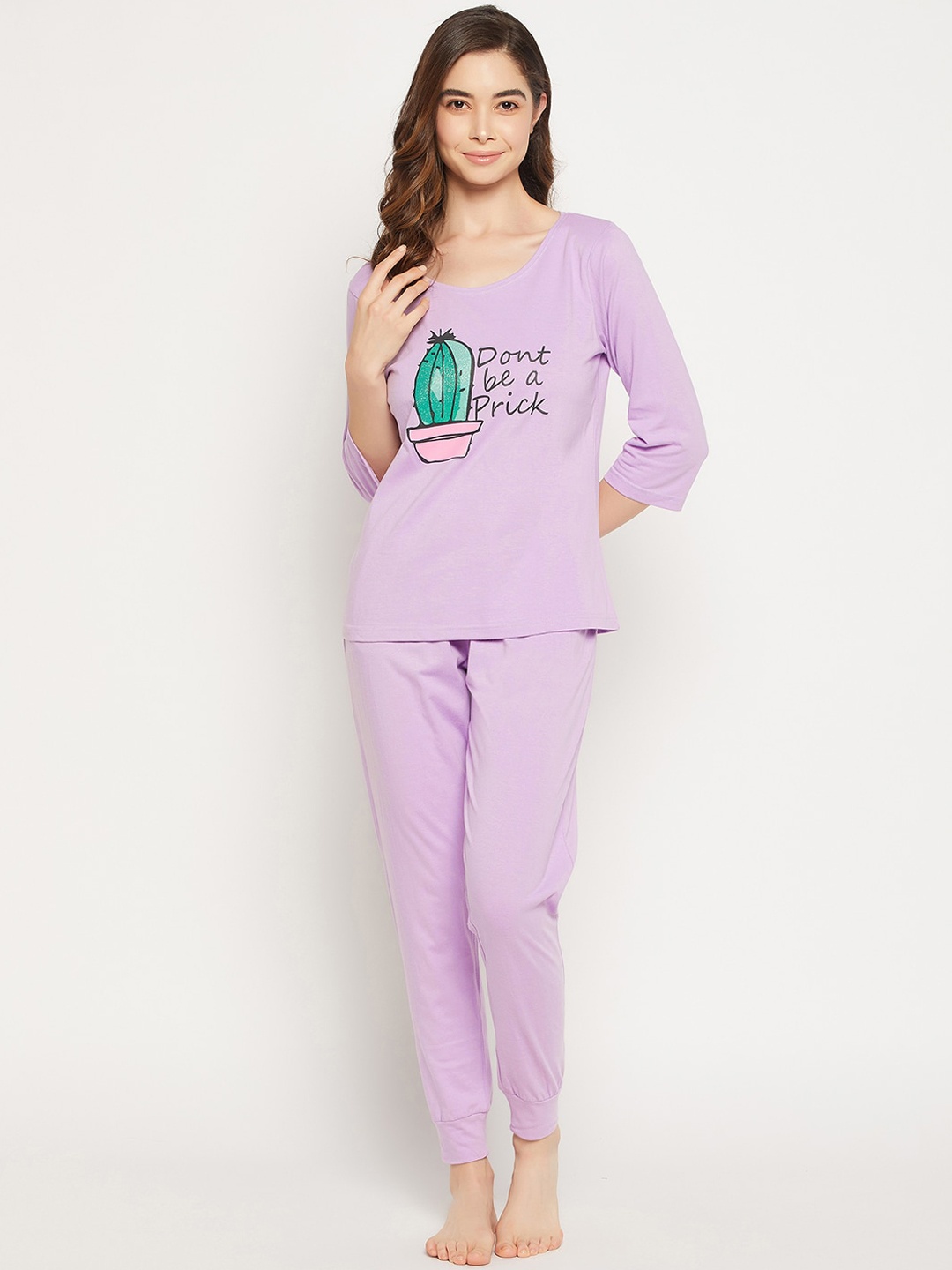 

Clovia Cactus & Typography Print Pure Cotton Night Suit, Purple