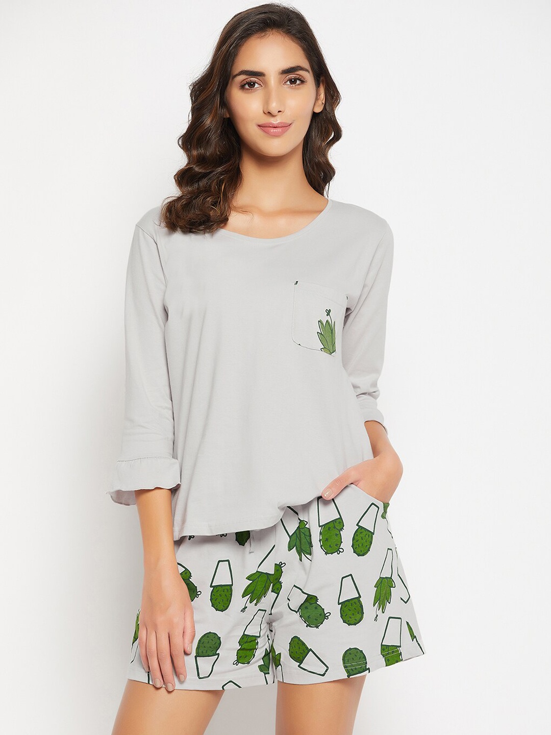 

Clovia Chic Basic Top & Cactus Print Shorts, Grey