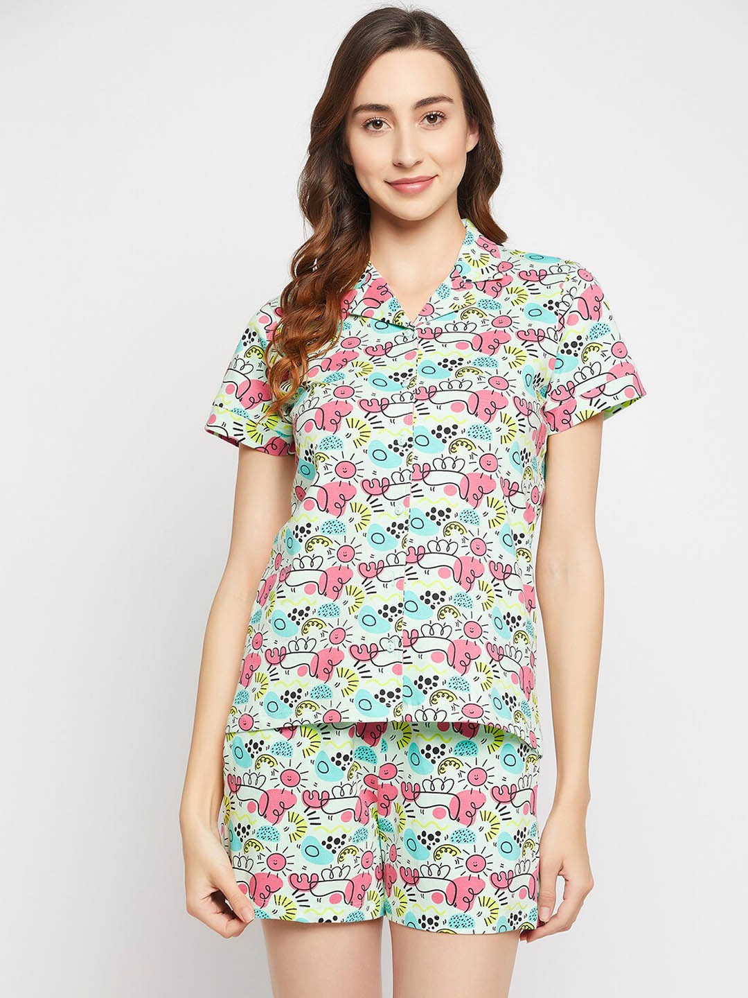 

Clovia Women Printed Pure Cotton Shirt & Shorts Night Suit, Blue
