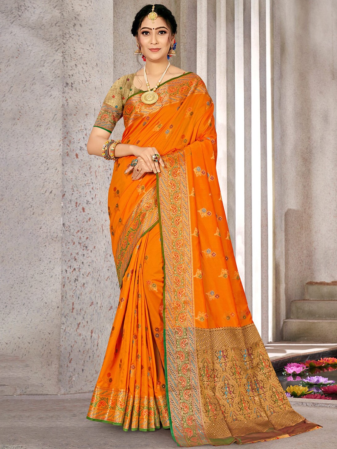 

SANGAM PRINTS Woven Design Zari Silk Blend Saree, Mustard