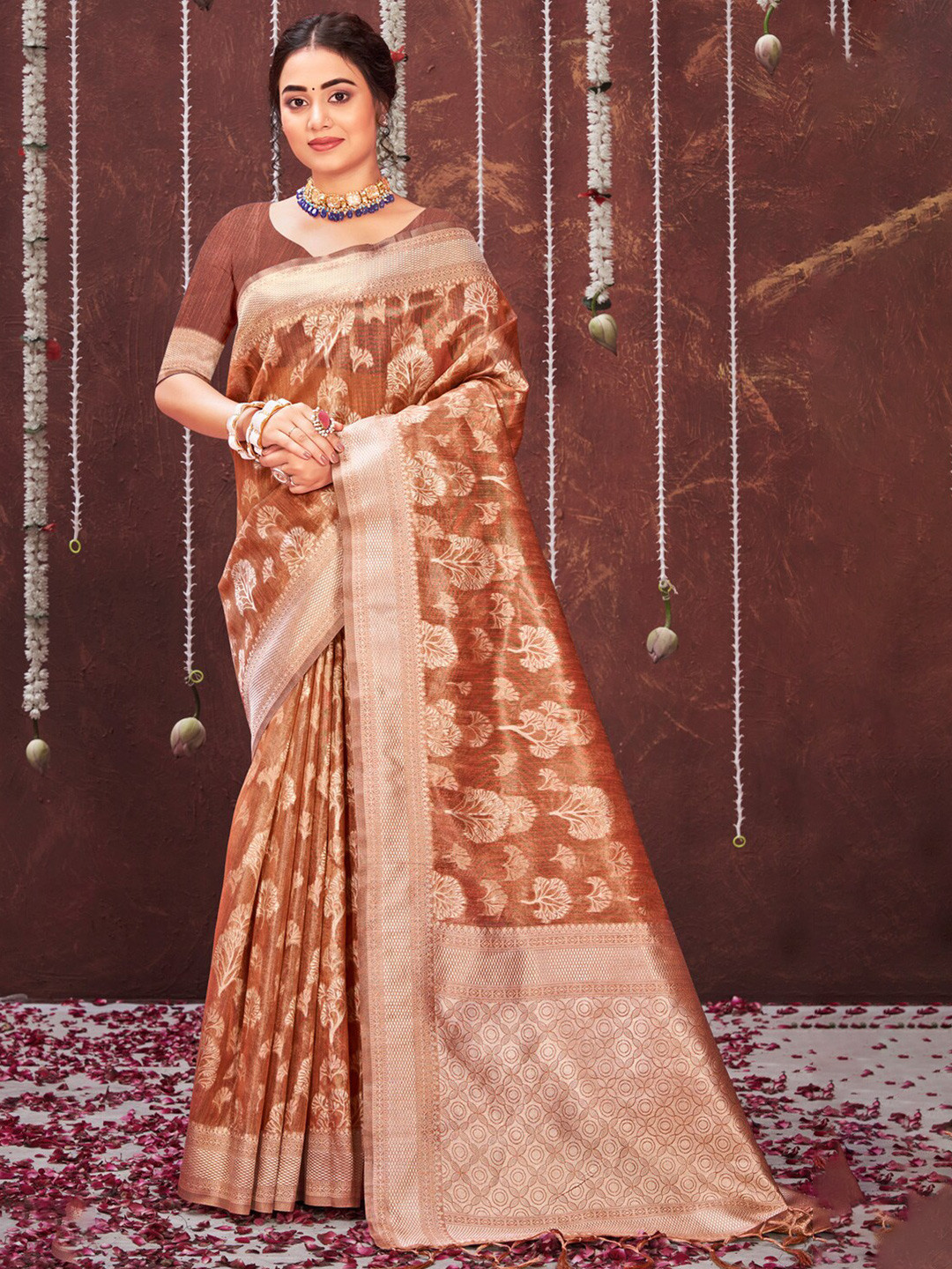 

SANGAM PRINTS Woven Design Zari Organza Saree, Rust