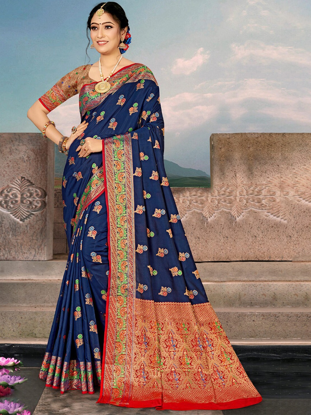 

SANGAM PRINTS Navy Blue & Red Woven Design Zari Silk Blend Saree