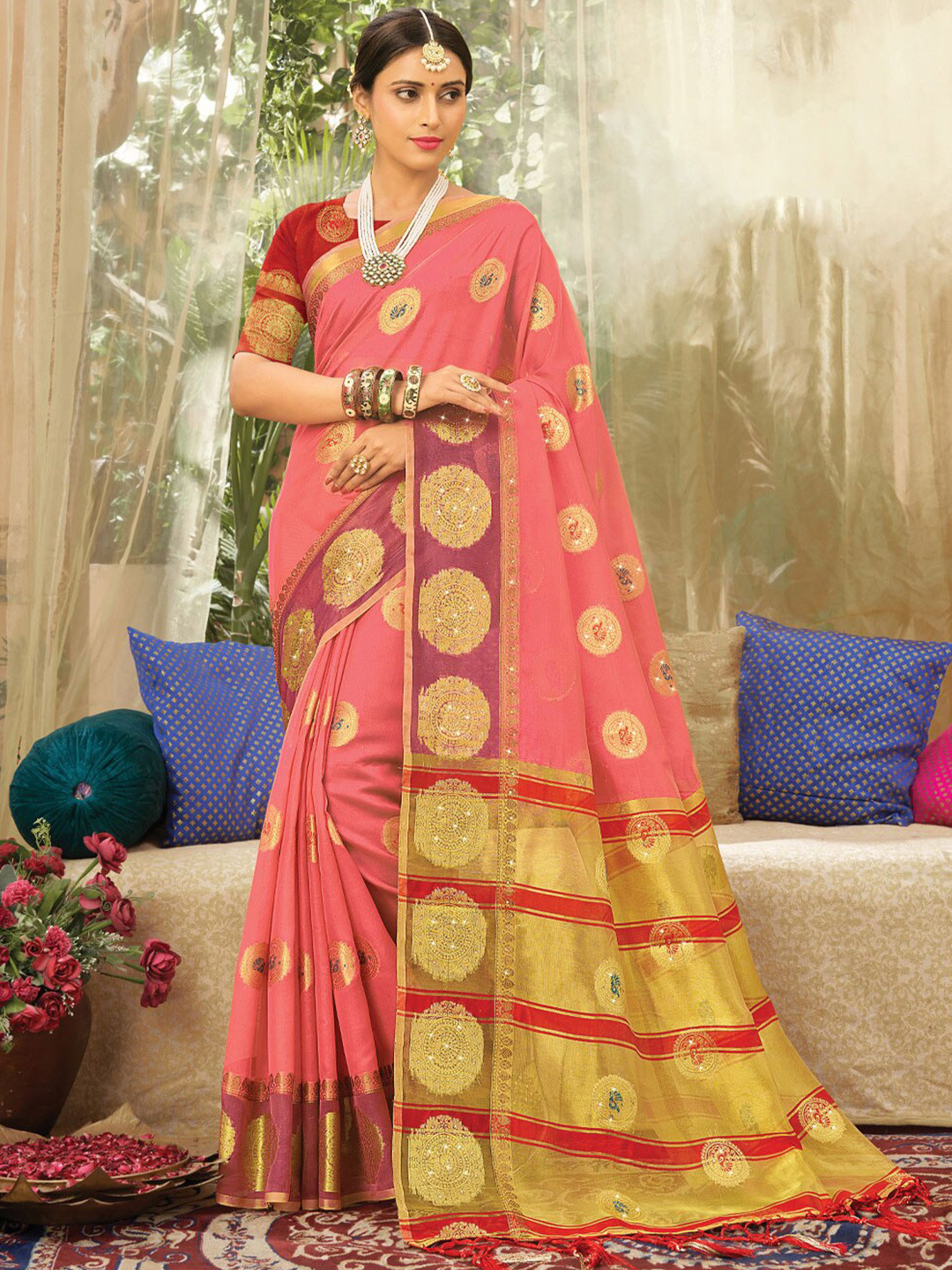 

SANGAM PRINTS Pink & Gold-Toned Woven Design Zari Organza Saree