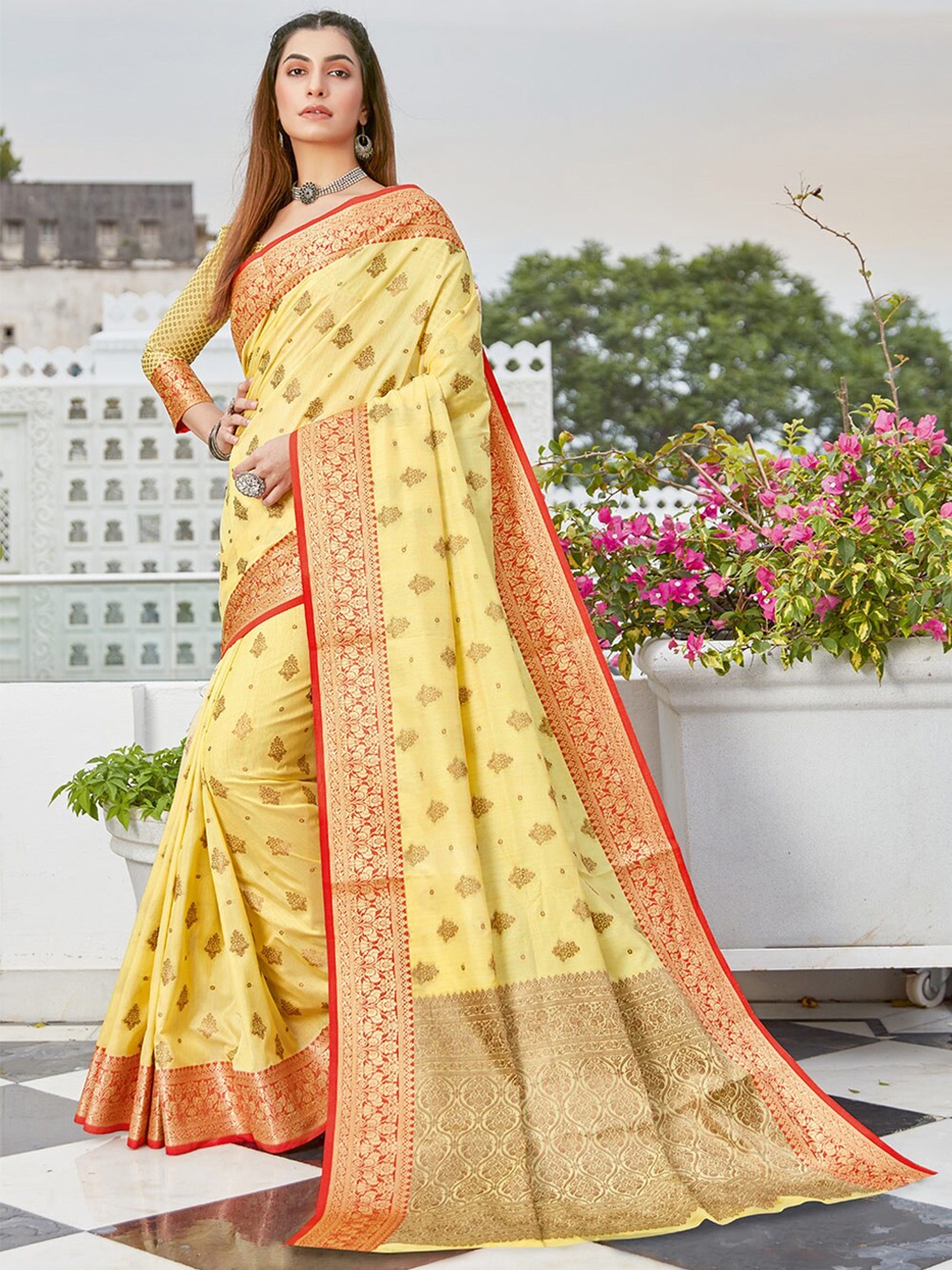

SANGAM PRINTS Yellow & Red Woven Design Zari Saree