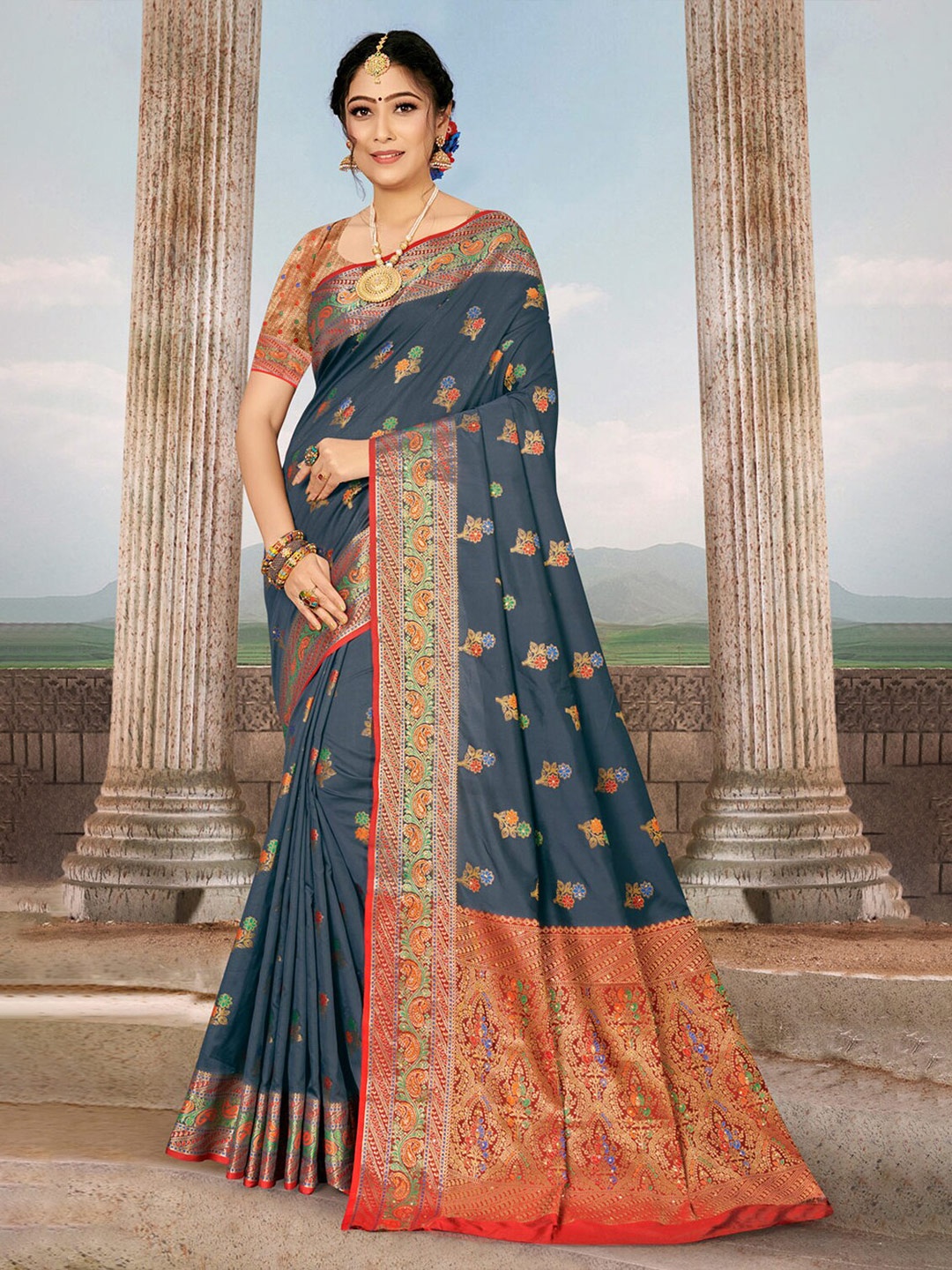 

SANGAM PRINTS Grey & Red Woven Design Zari Silk Blend Saree