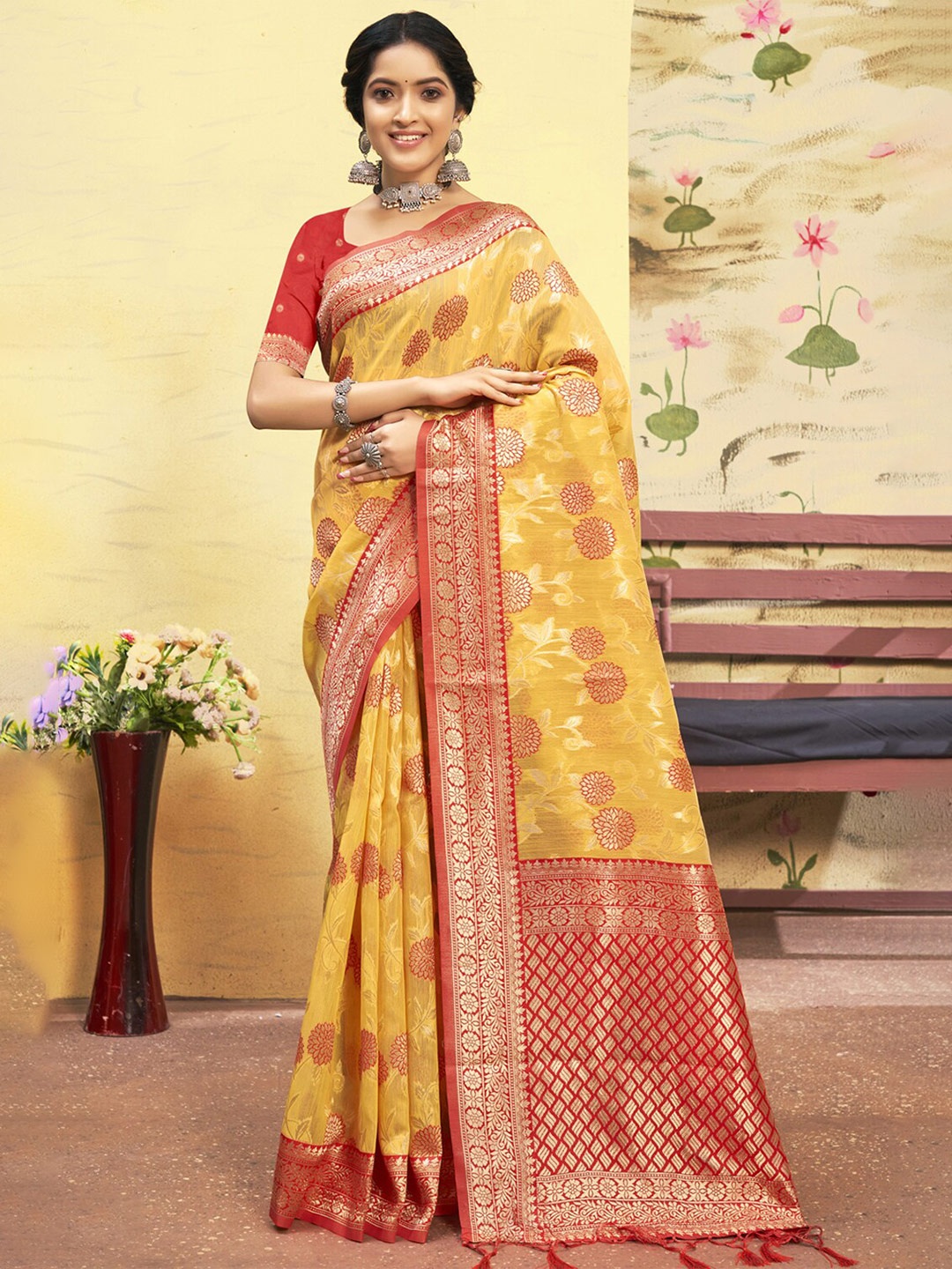 

SANGAM PRINTS Woven Design Ethnic Motifs Zari Saree, Yellow