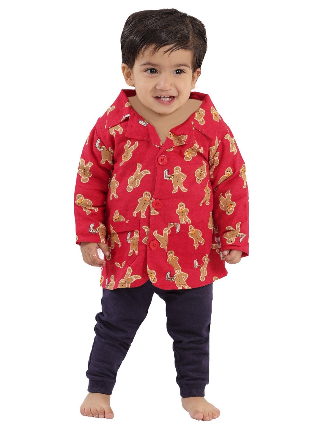 

The Mom Store Boys Printed Cotton Shirt with Pyjama Set, Red