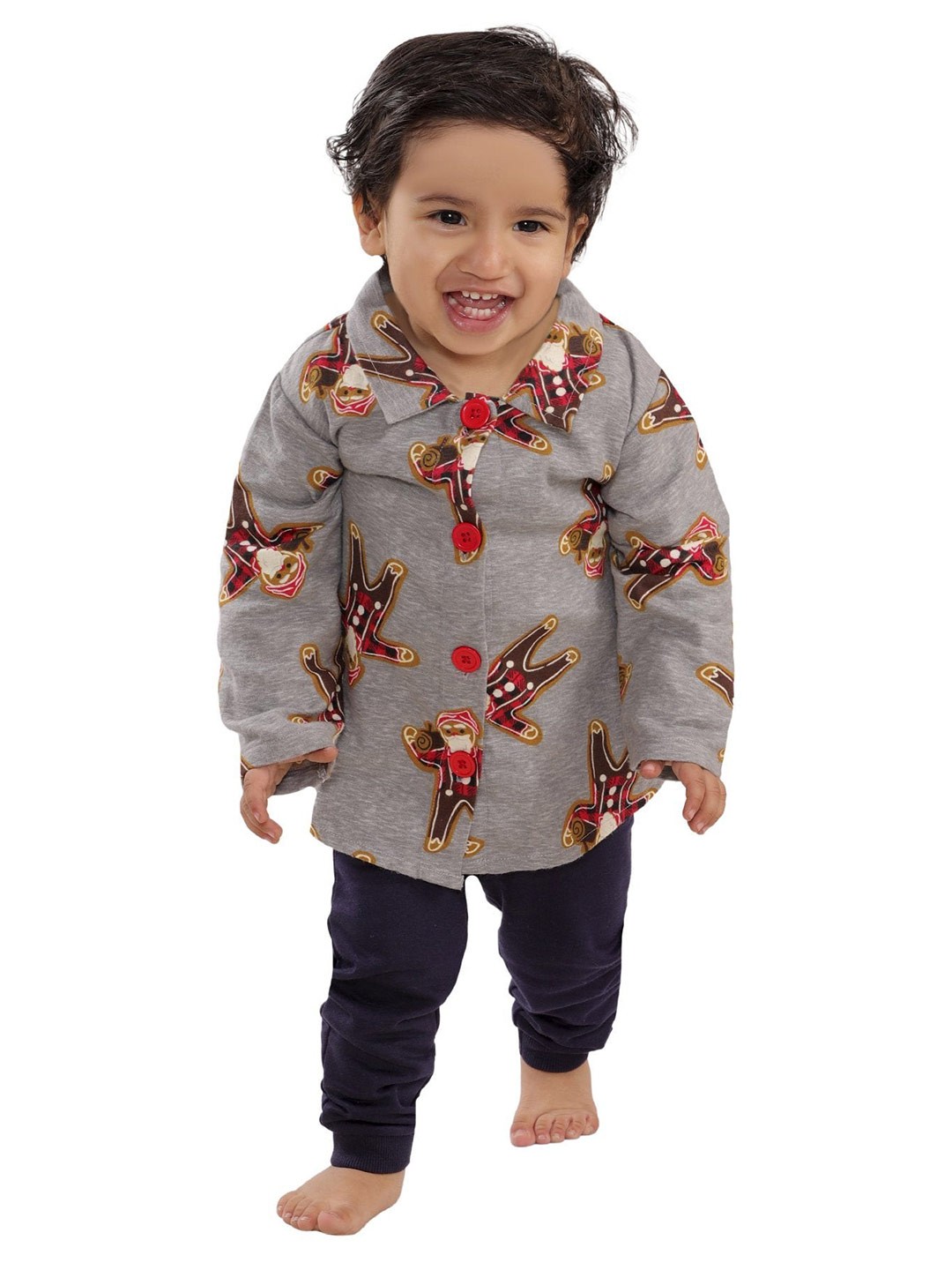 

The Mom Store Boys Printed Cotton Shirt with Pyjama Set, Grey