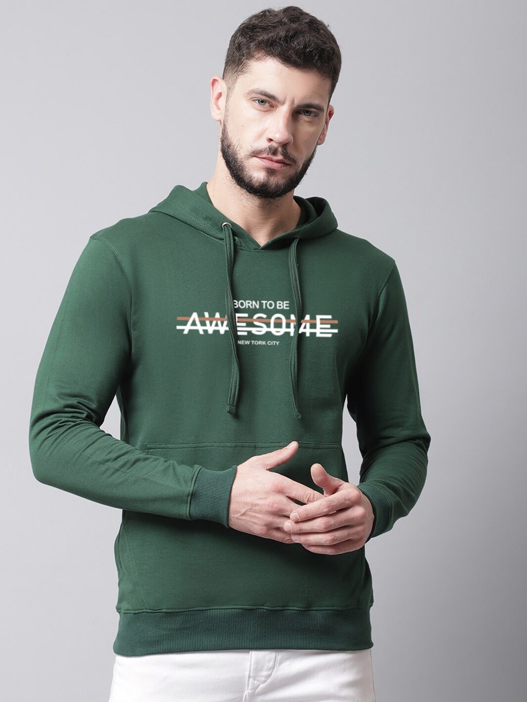 

Friskers Men Fleece Typography Printed Outdoor Hooded Sweatshirt, Green