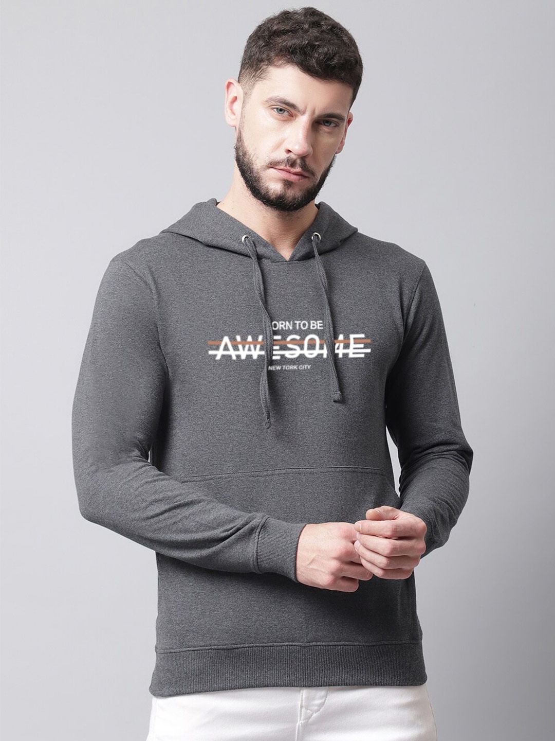 

Friskers Men Typography Printed Fleece Hooded Sweatshirt, Grey melange