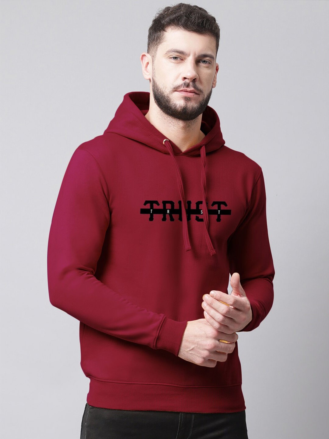 

Friskers Men Printed Hooded Fleece Sweatshirt, Maroon