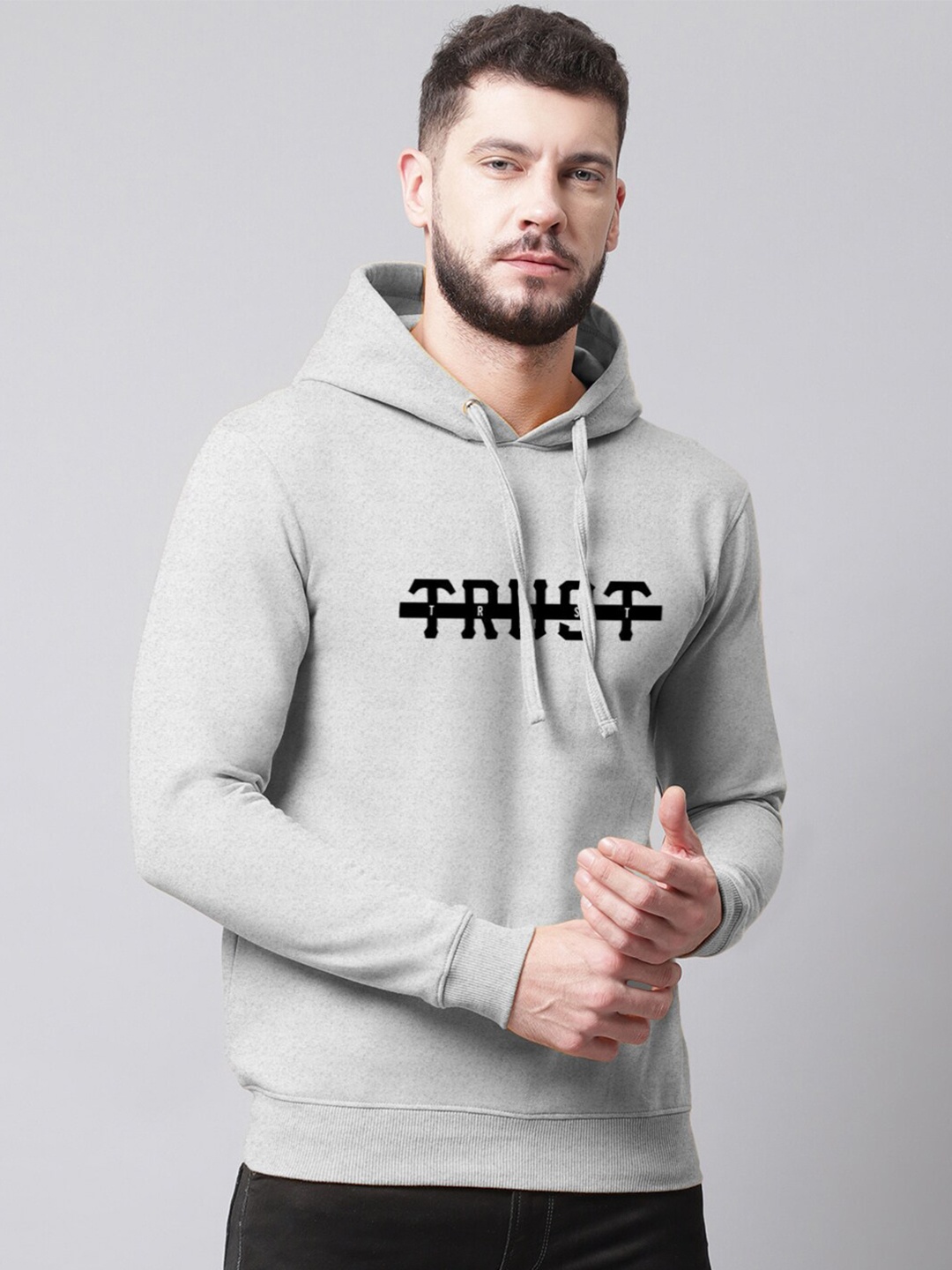 

Friskers Men Fleece Printed Hooded Sweatshirt, Grey