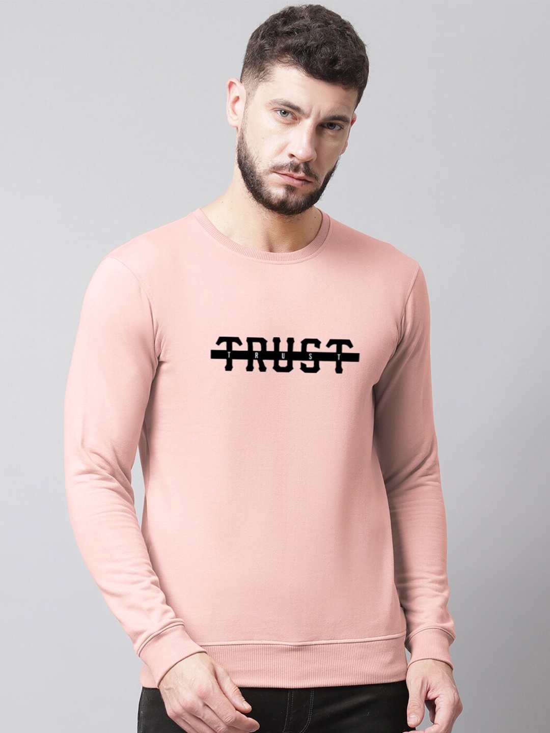 

Friskers Men Printed Fleece Round Neck Sweatshirt, Peach