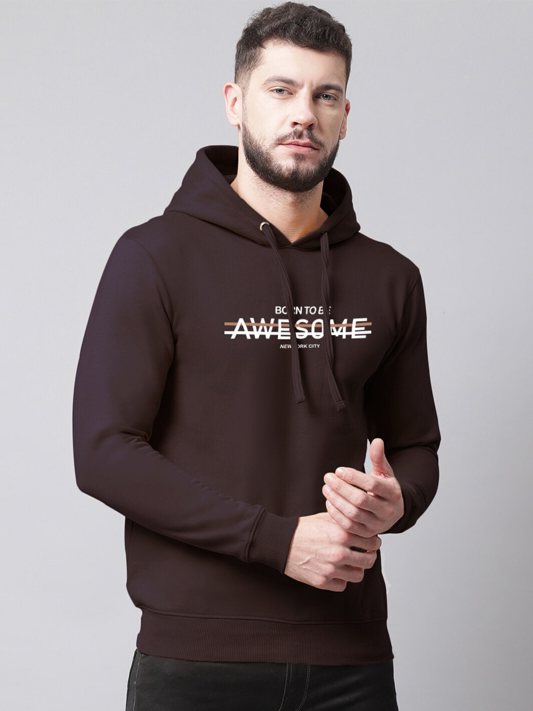 

Friskers Men Printed Hooded Fleece Sweatshirt, Coffee brown