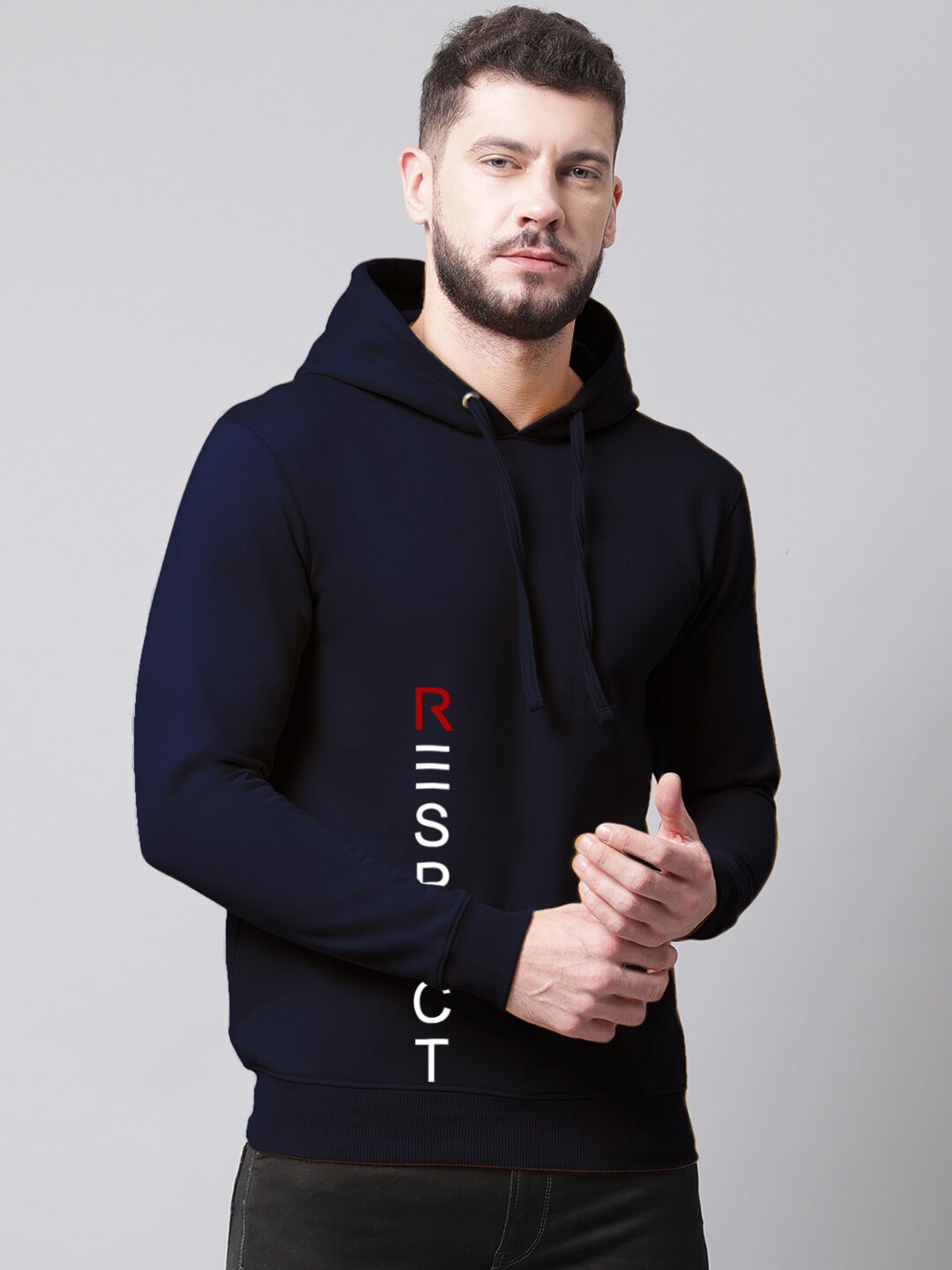 

Friskers Men Navy Blue Printed Hooded Sweatshirt