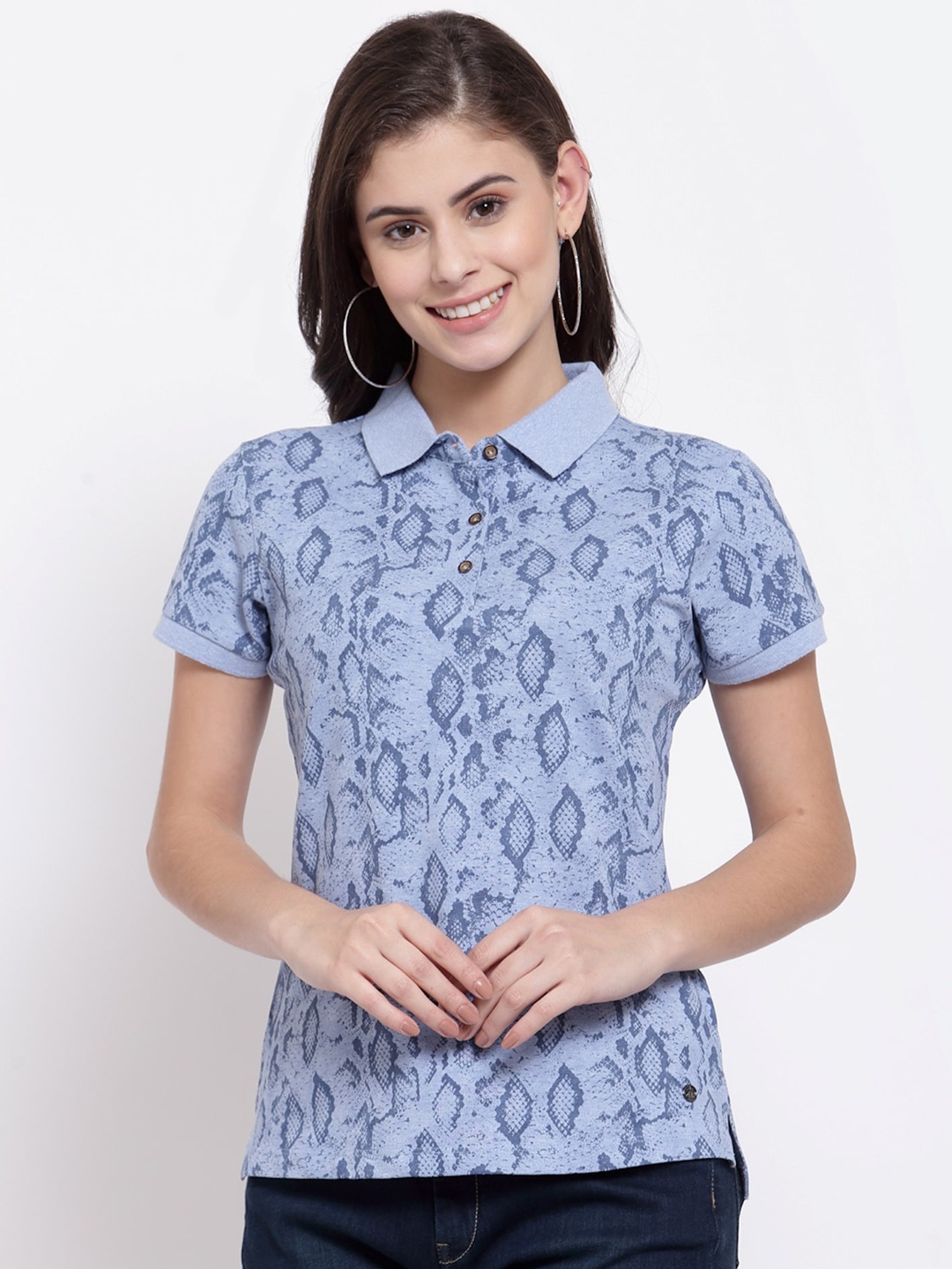 

Juelle Women Blue Floral Printed Polo Collar T-shirt