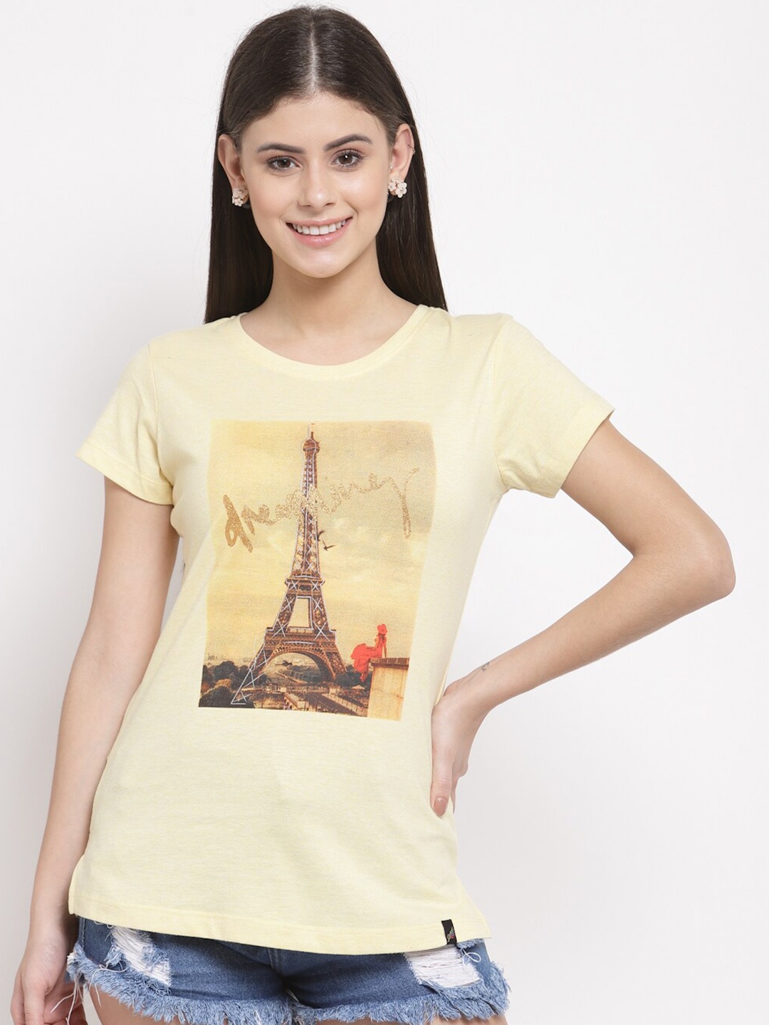 

Juelle Women Printed Cotton T-shirt, Yellow