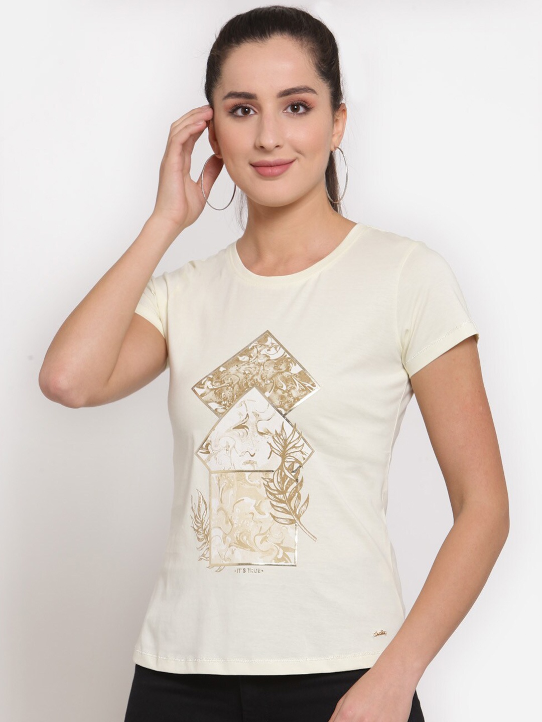 

Juelle Women Printed Cotton T-shirt, Cream