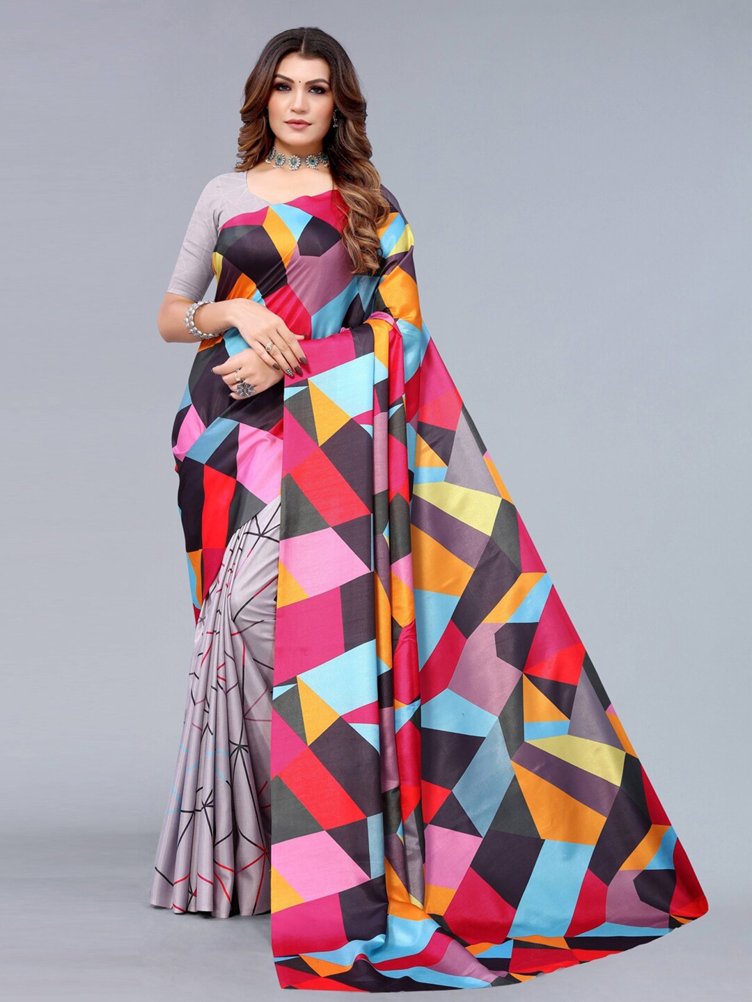 

Mitera Poly Silk Geometric Printed Saree, Grey