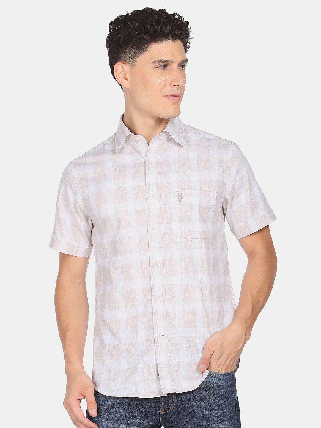 

U S Polo Assn Men Checked Casual Cotton Shirt, Beige