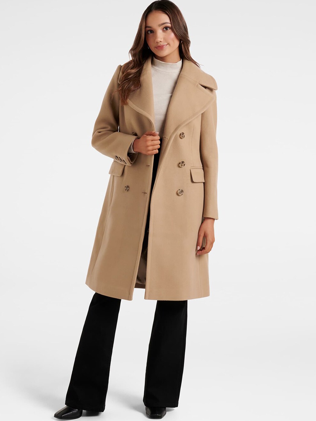 

Forever New Michelle Petite Women Double-Breasted Longline Trench Coat, Beige