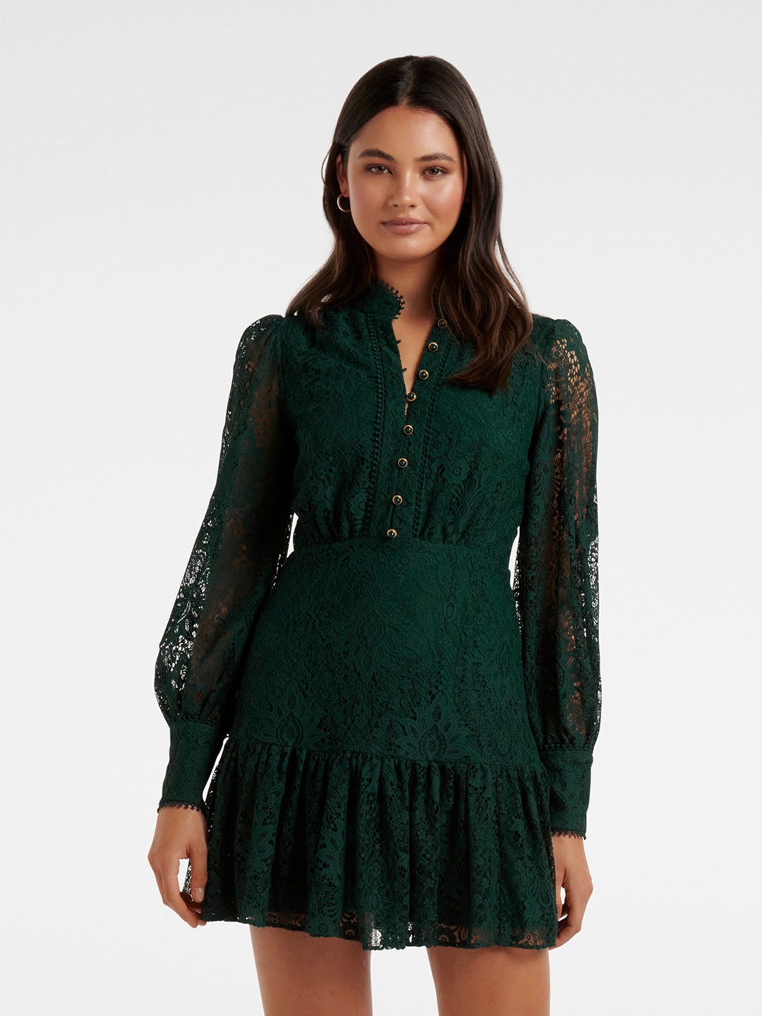 

Forever New Floral Self Design Mandarin Collar Lace Mini Dress, Green