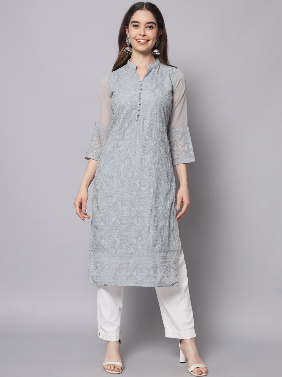 

HERE&NOW Women Grey Ethnic Motifs Embroidered Thread Work Georgette Kurta