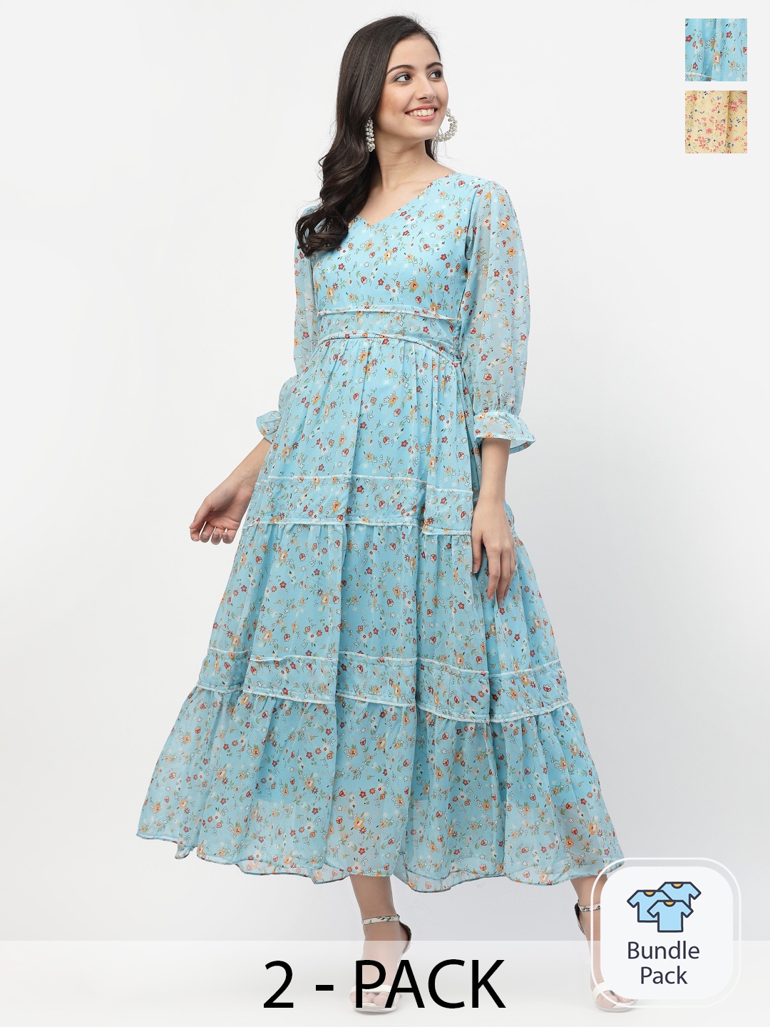 

MISS AYSE Pack Of 2 Floral Printed Georgette Fit And Flare Maxi Dress, Yellow