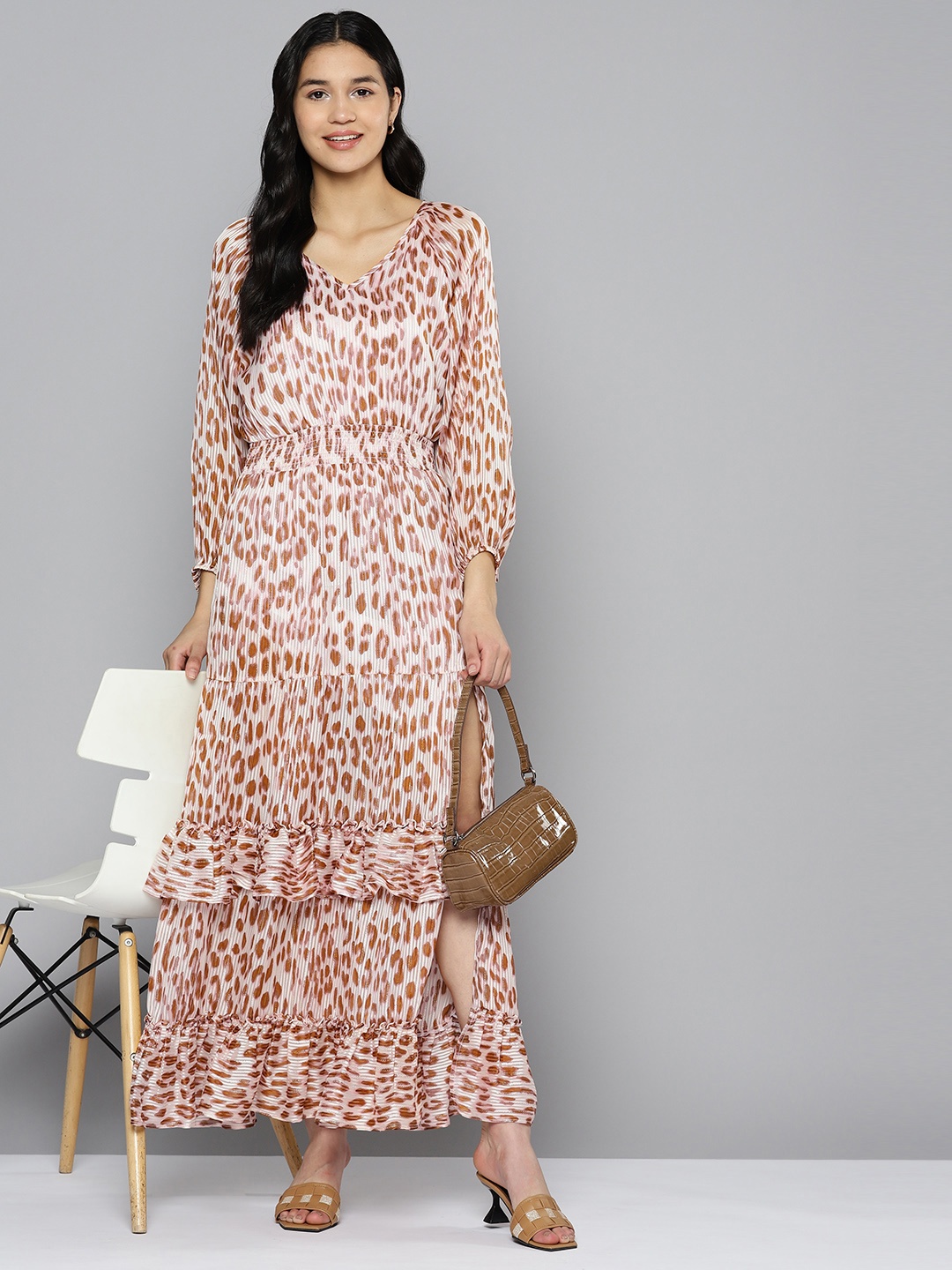 

HERE&NOW Animal Print Puff Sleeves Tiered Maxi Dress with Slit Detail, Off white