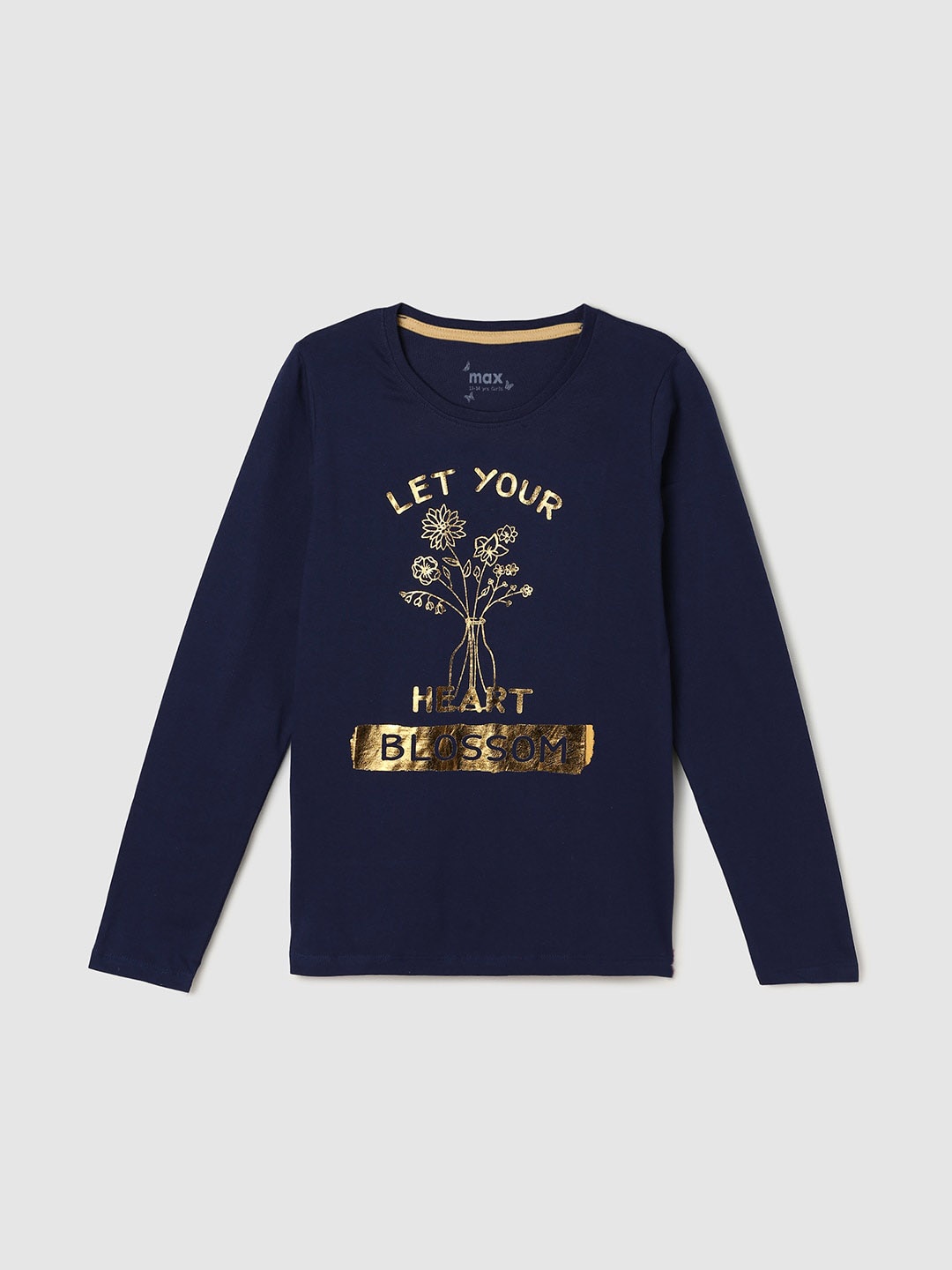 

max Girls Typography Printed Pure Cotton T-shirt, Navy blue