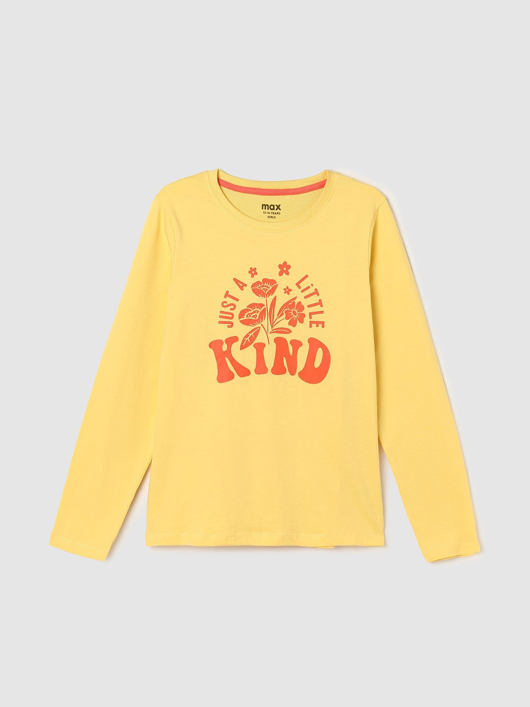 

max Girls Typography Printed Pure Cotton T-shirt, Yellow