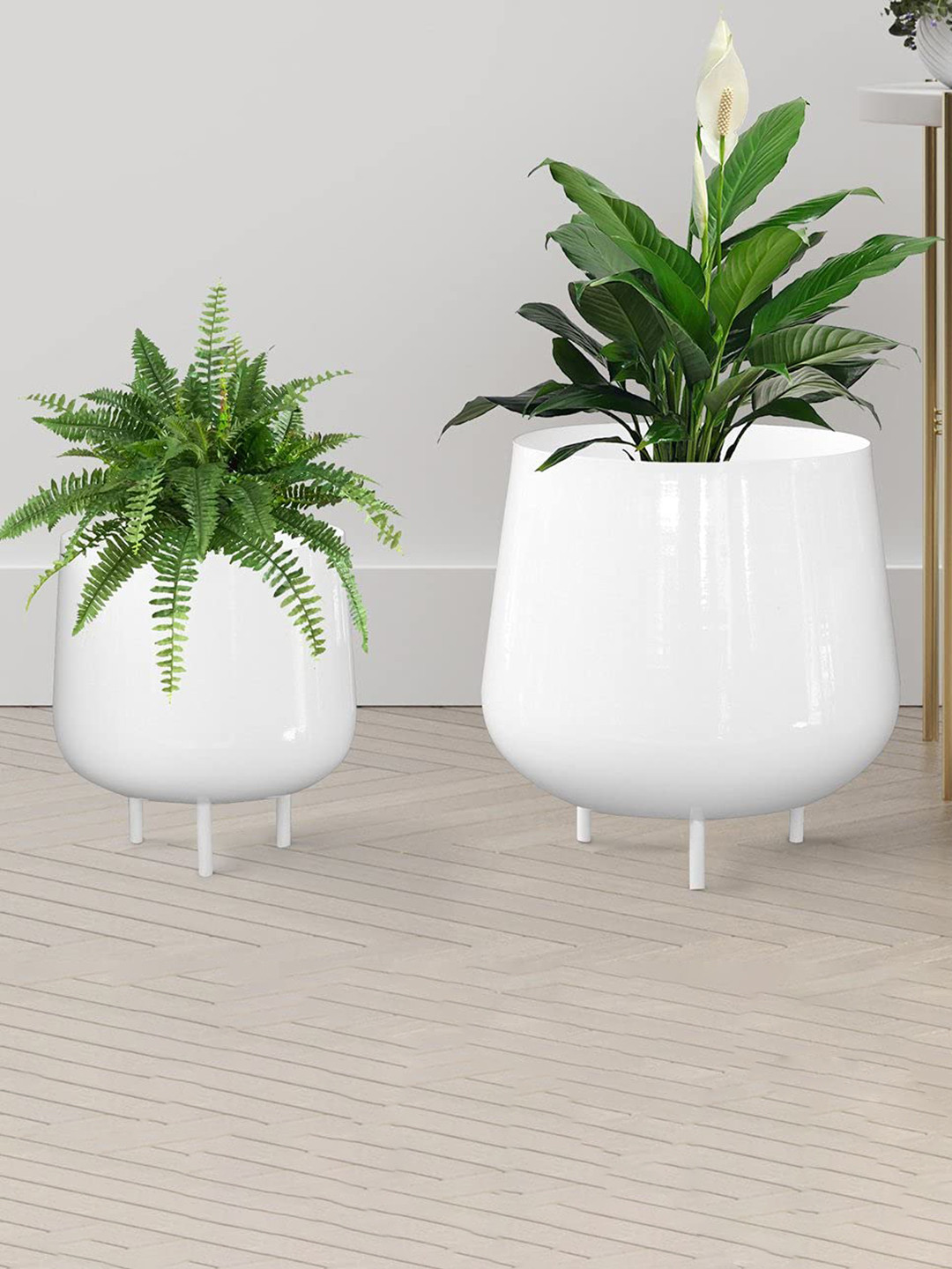 

TRUSTBASKET Set Of 2 White Jalsa Planters With Stand