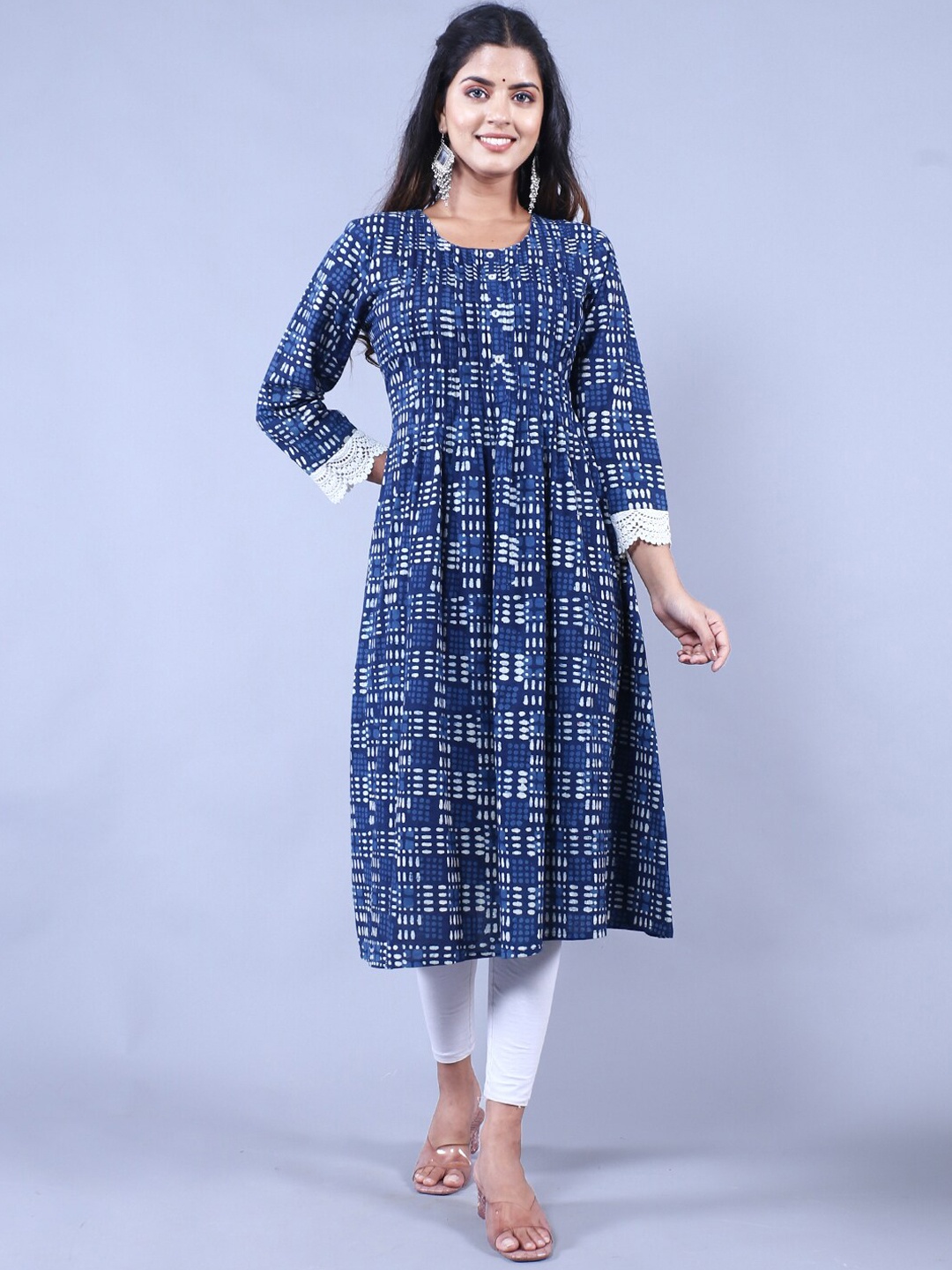 

HERE&NOW Printed Round Neck Kurta, Navy blue