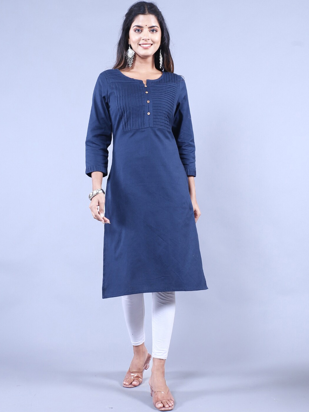 

HERE&NOW Notch Neck Cotton Kurta, Navy blue