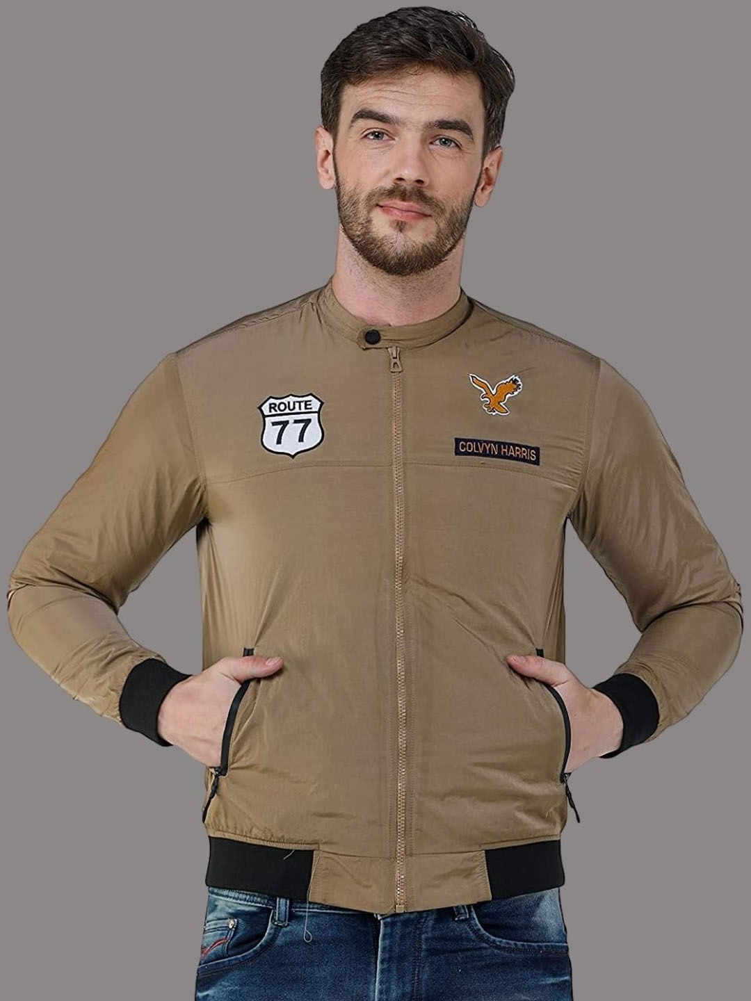 

COLVYNHARRIS JEANS Men Solid Bomber with Patchwork Jacket, Beige