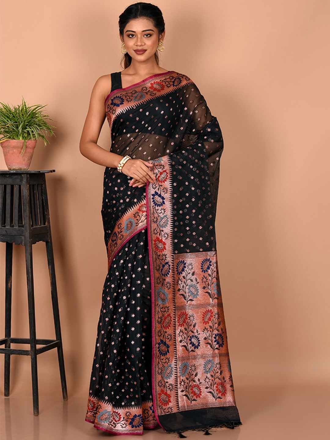 

AllSilks Woven Design Zari Silk Blend Saree, Black