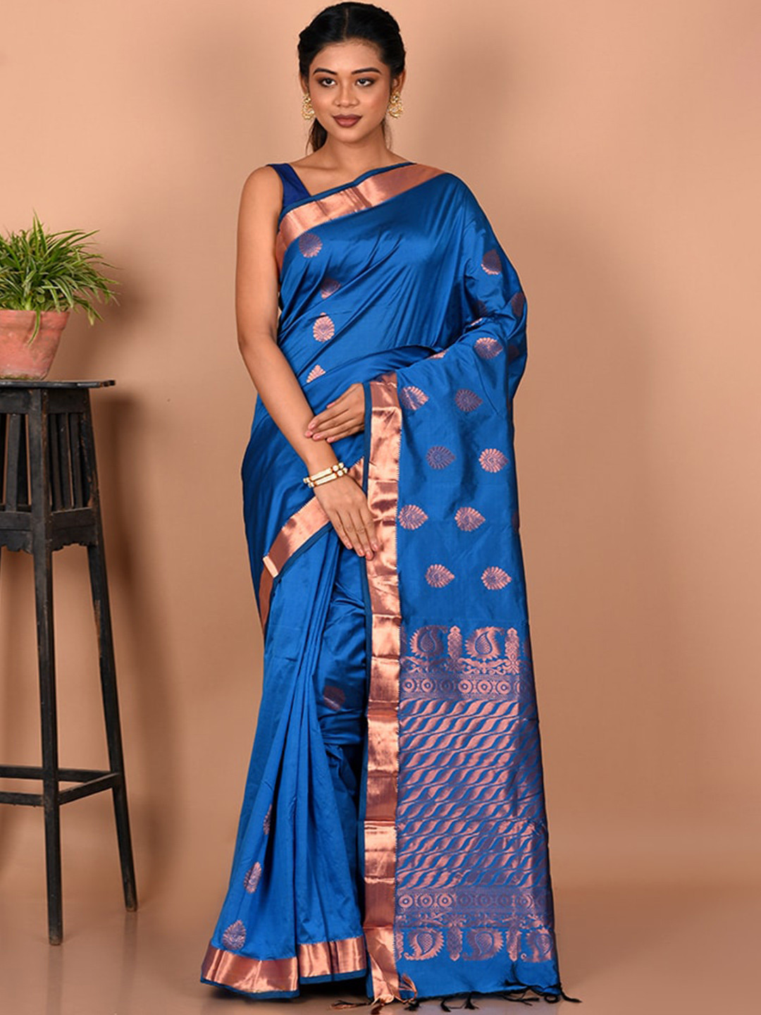 

AllSilks Woven Design Zari Silk Blend Kanjeevaram Saree, Blue