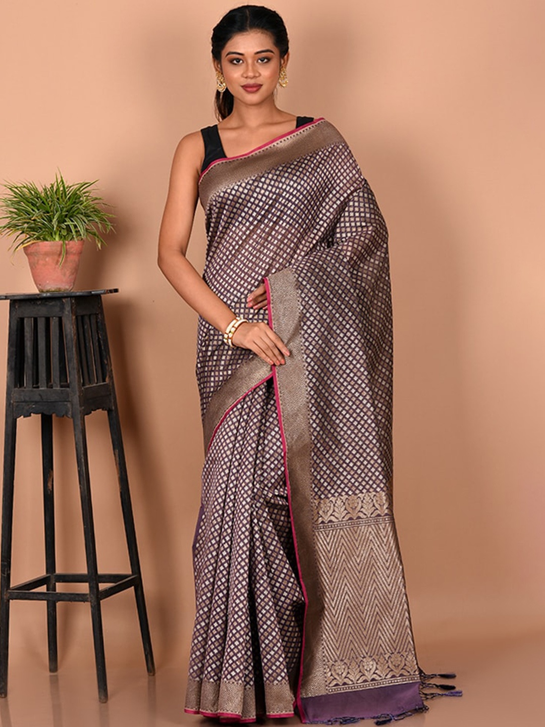 

AllSilks Purple & Gold-Toned Woven Design Zari Silk Blend Saree