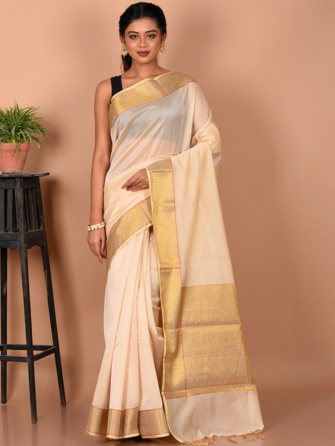 

AllSilks Cream-Coloured & Gold-Toned Zari Silk Blend Saree