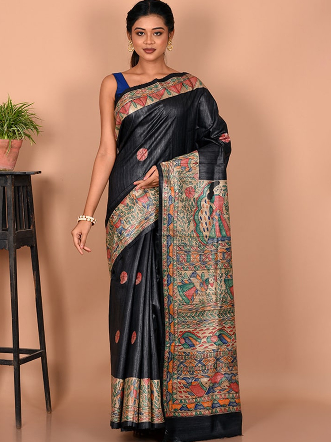 

AllSilks Black & Orange Ethnic Motifs Silk Blend Tussar Saree