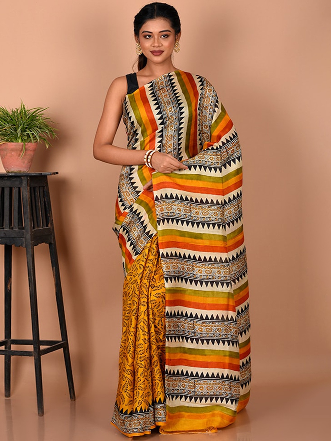 

AllSilks Yellow & Green Pure Silk Murshidabad silk Saree