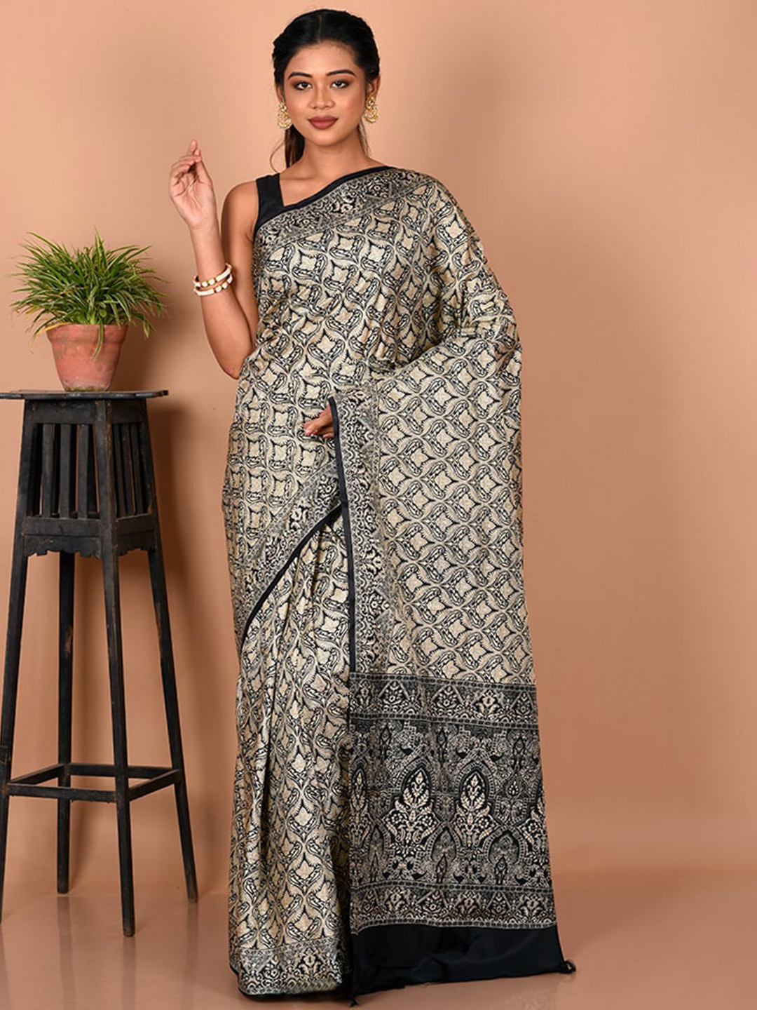 

AllSilks Black & Beige Ethnic Motifs Zari Pure Silk Murshidabad silk Saree