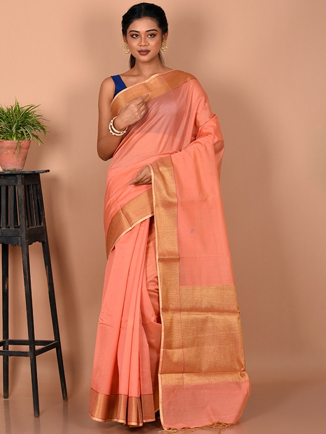 

AllSilks Rust & Gold-Toned Zari Silk Blend Saree